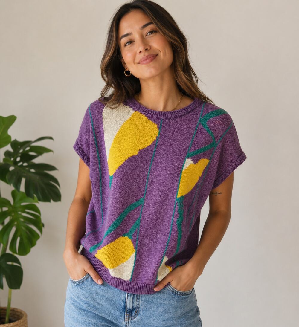 Christian Dior Vintage 1980s Sz L Purple Yellow Floral Knit Sweater Luxury Top